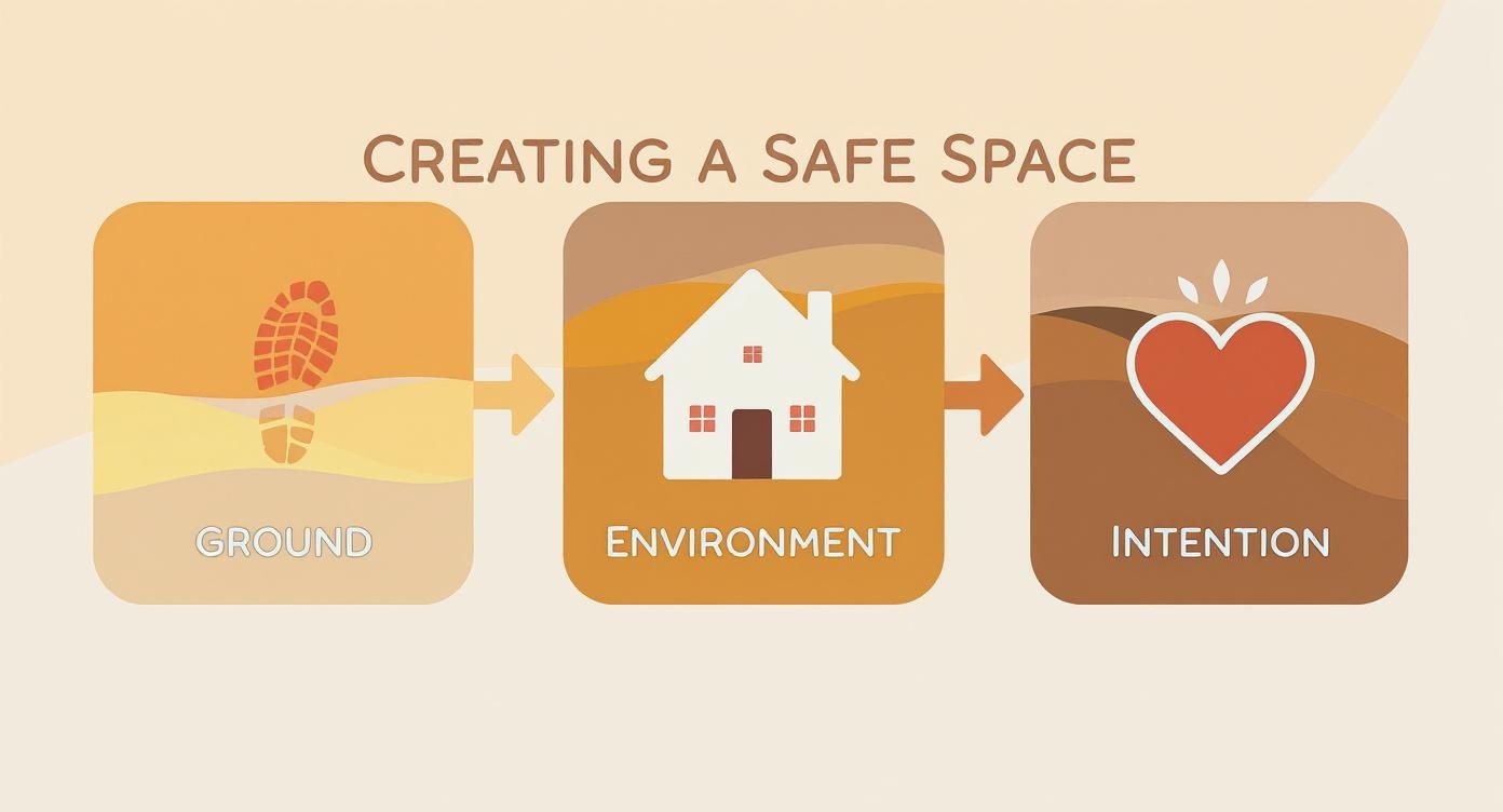 Infographic showing the process of creating a safe space with icons for Ground, Environment, and Intention.