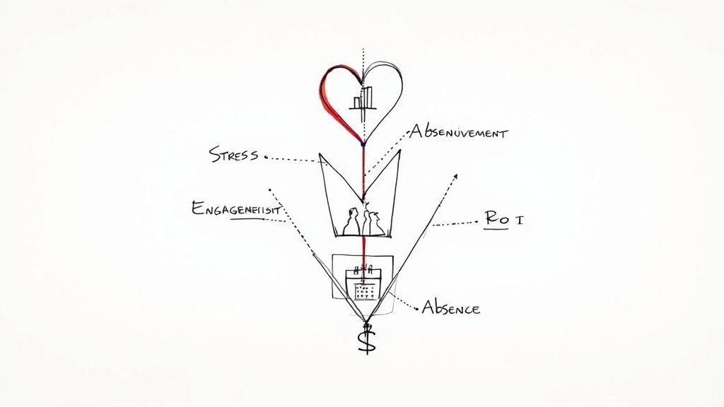 Hand-drawn diagram illustrating the flow from employee stress and engagement to absence, impacting ROI.