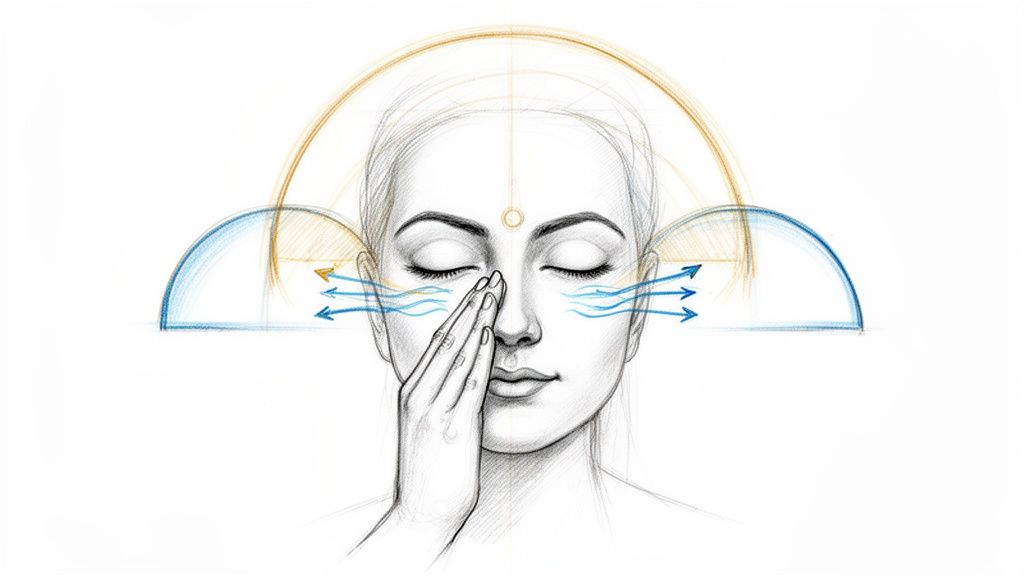 A woman with closed eyes practices alternate nostril breathing, with arrows showing air flow.