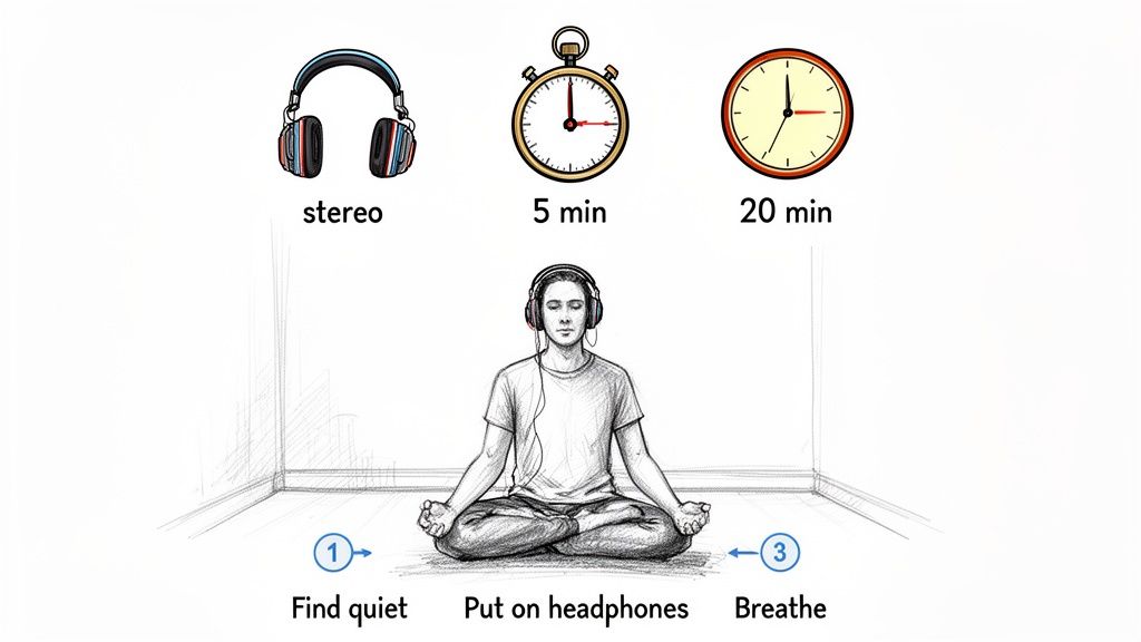 Illustration of a person meditating with headphones, showing steps: find quiet, put on headphones, breathe, with 5 or 20 minute options.