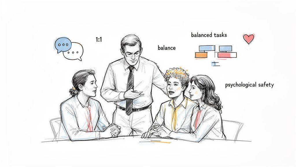 A manager discusses team well-being, communication, balanced tasks, and psychological safety with three employees.