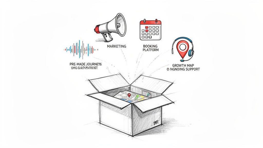 Illustration of an open box containing a map, with icons representing marketing, booking platform, pre-made journeys, and ongoing support.