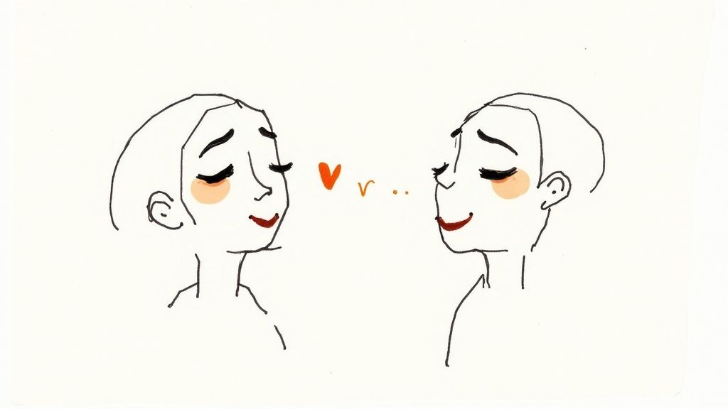 Two cartoon faces with closed eyes and rosy cheeks look at each other with a heart.