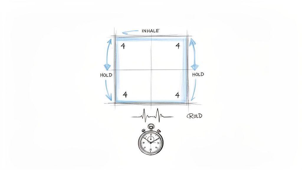A diagram illustrating the 4-second box breathing technique with inhale, hold, and exhale phases.
