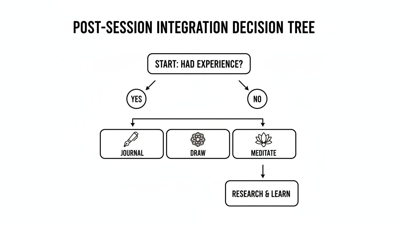 Decision tree for post-session integration, guiding users through journaling, drawing, meditating, and researching.