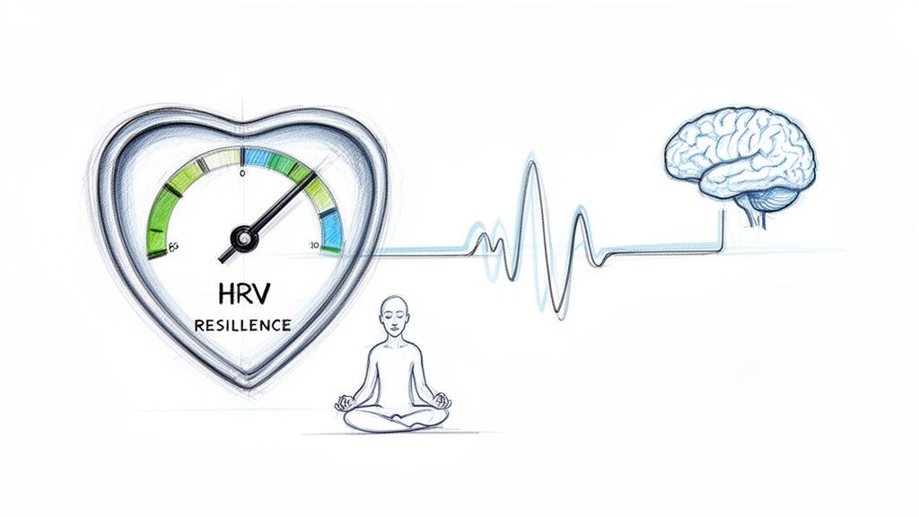 An illustration connecting HRV resilience, meditation, and brain activity through an ECG waveform.