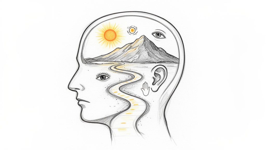 A drawing of a human head in profile, revealing a detailed internal landscape with a mountain, sun, path, eyes, ear, and hand symbol.