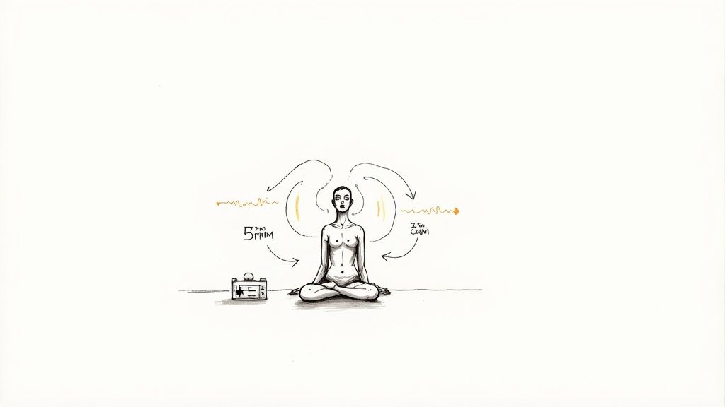 Illustration depicting meditation, brainwave activity, and a biofeedback device for mental well-being.