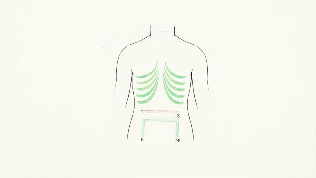 Diagram of the human back, illustrating ribs, a red measurement line with numbers 1-5, and a green line with labels R-MI.