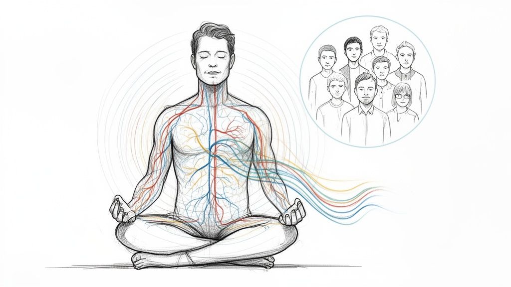A meditating person with visible internal systems connecting with colorful lines to a group of people.