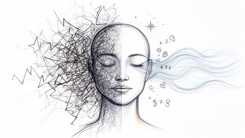 Illustration of a person's head split between a chaotic, stressed mind and a peaceful, serene sleeping state.
