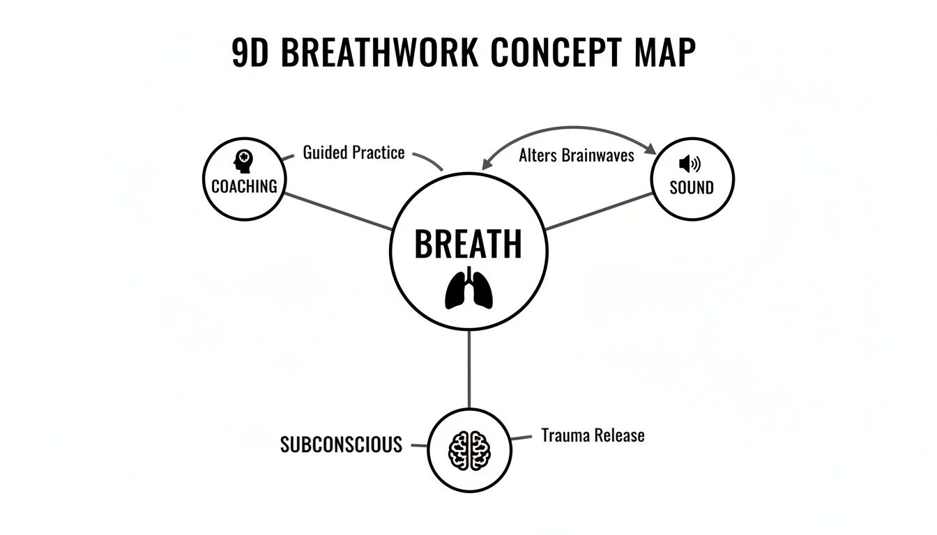 A 9D Breathwork concept map illustrating the interconnectedness of breath, coaching, sound, and subconscious for trauma release.
