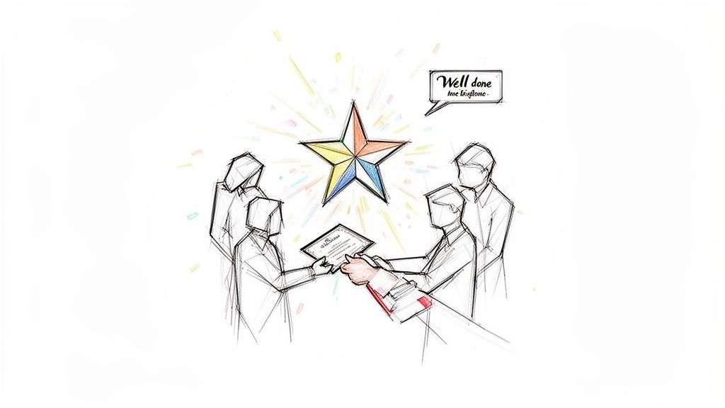 Sketch depicting business people giving an award or certificate under a shining, colorful star.