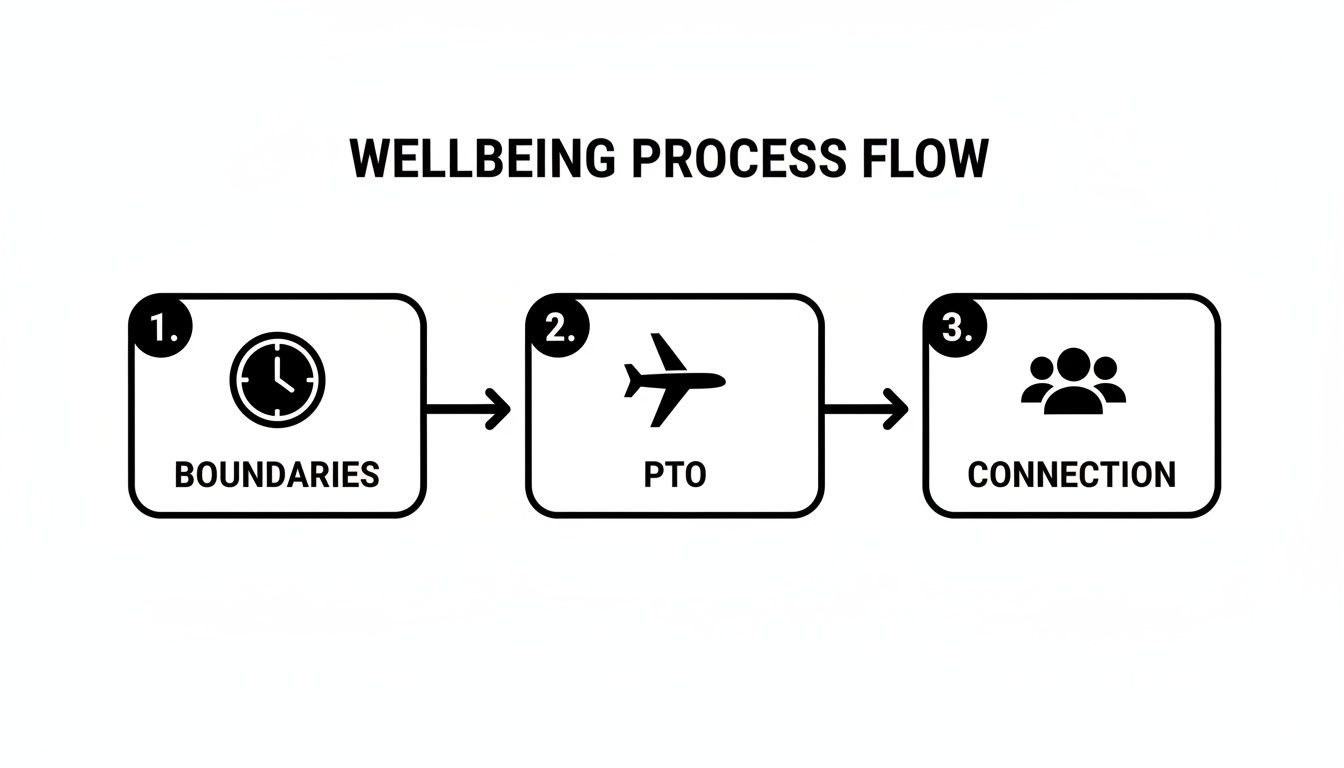 A wellbeing process flow diagram illustrating three key steps: Boundaries, PTO, and Connection.