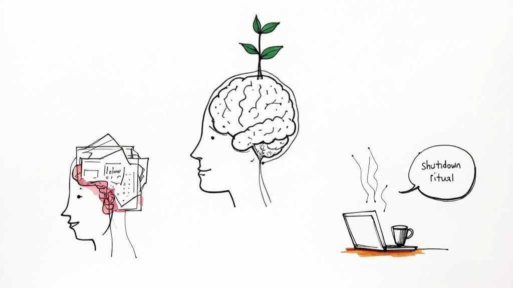 A person practicing a simple mindfulness exercise in a calm, well-lit workspace.