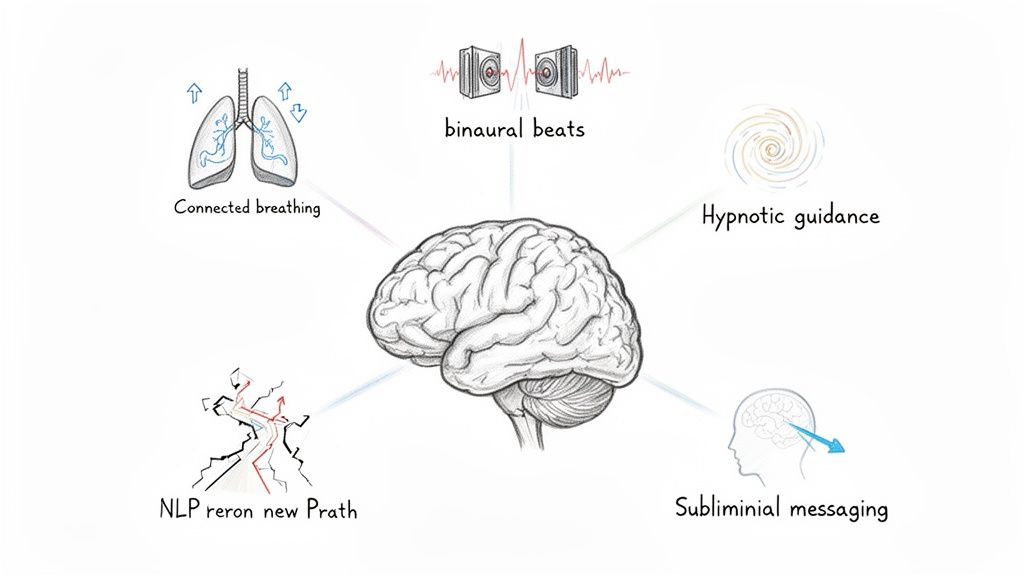 Diagram illustrating how connected breathing, binaural beats, hypnotic guidance, NLP, and subliminal messaging influence the brain.