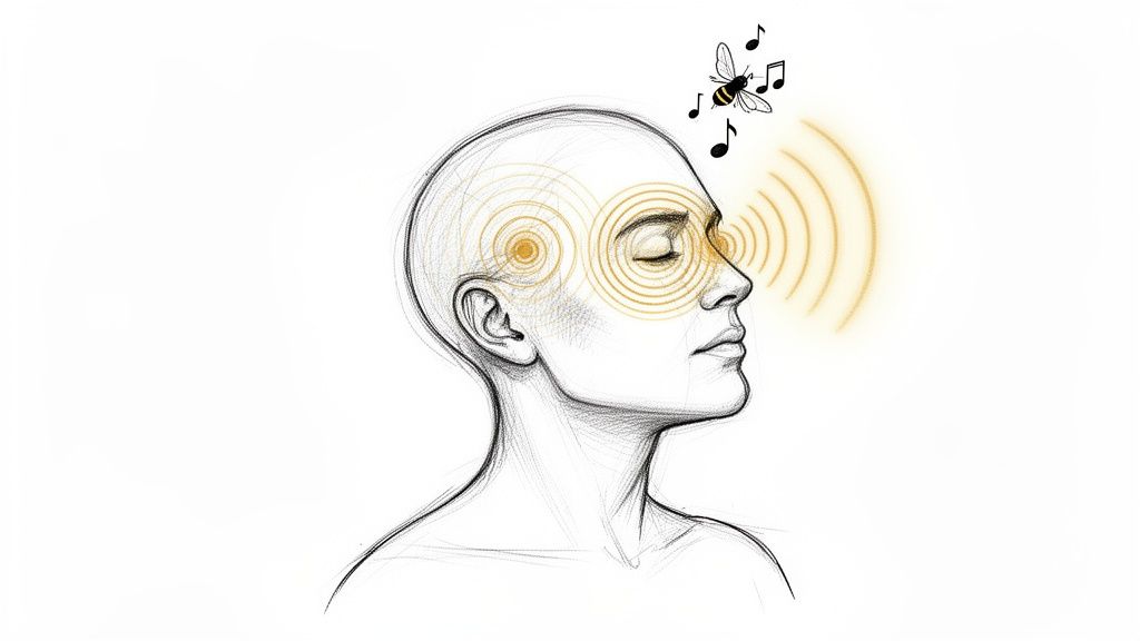 A person with closed eyes, golden sound waves emanating from their head, and a buzzing bee with musical notes.
