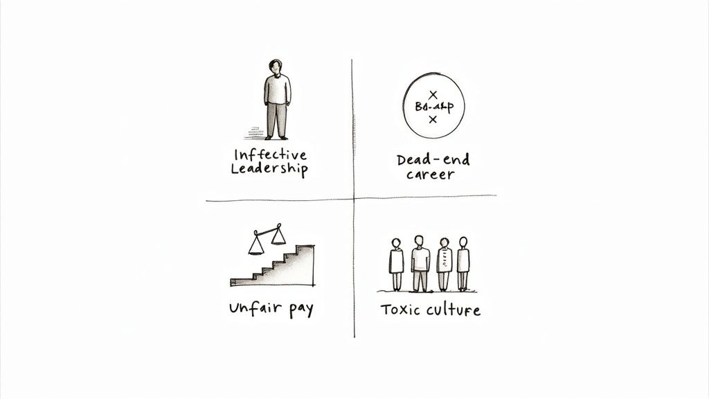 Illustration of four common reasons for employee turnover: ineffective leadership, dead-end career, unfair pay, and toxic culture.
