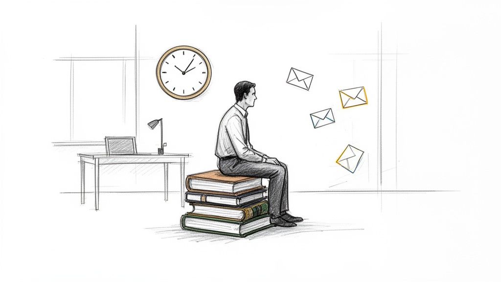 An illustration of a man sitting on a stack of books, with emails floating around him.