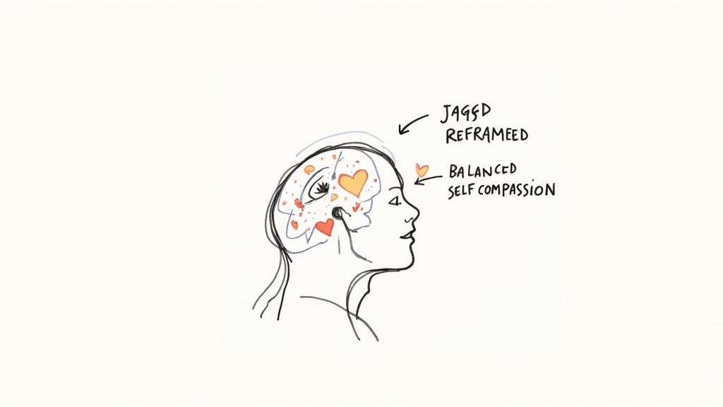 A line drawing of a human head with a brain showing hearts and thoughts on reframing and self-compassion.