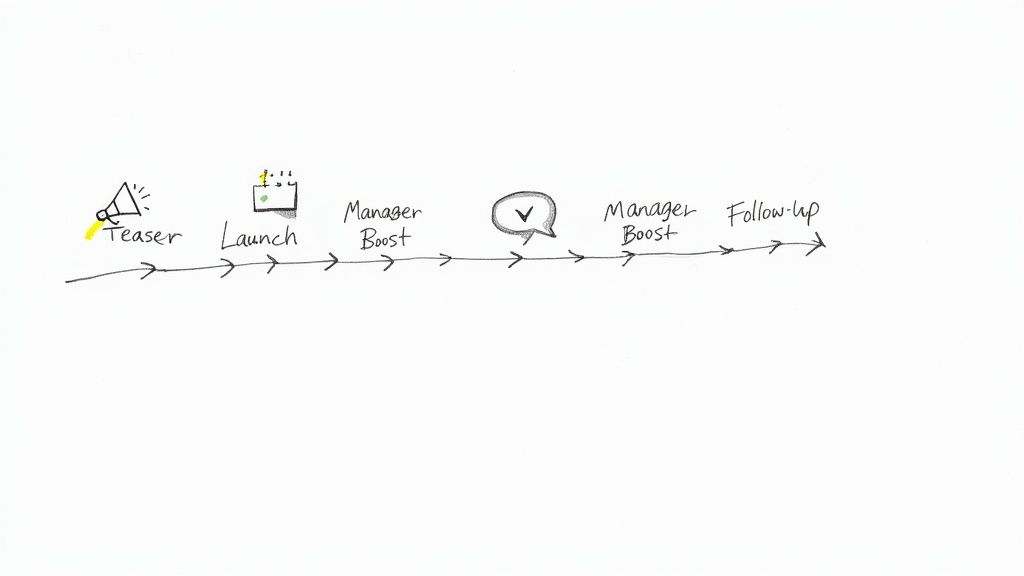 A handwritten timeline diagram outlining a communication or training launch process with steps.