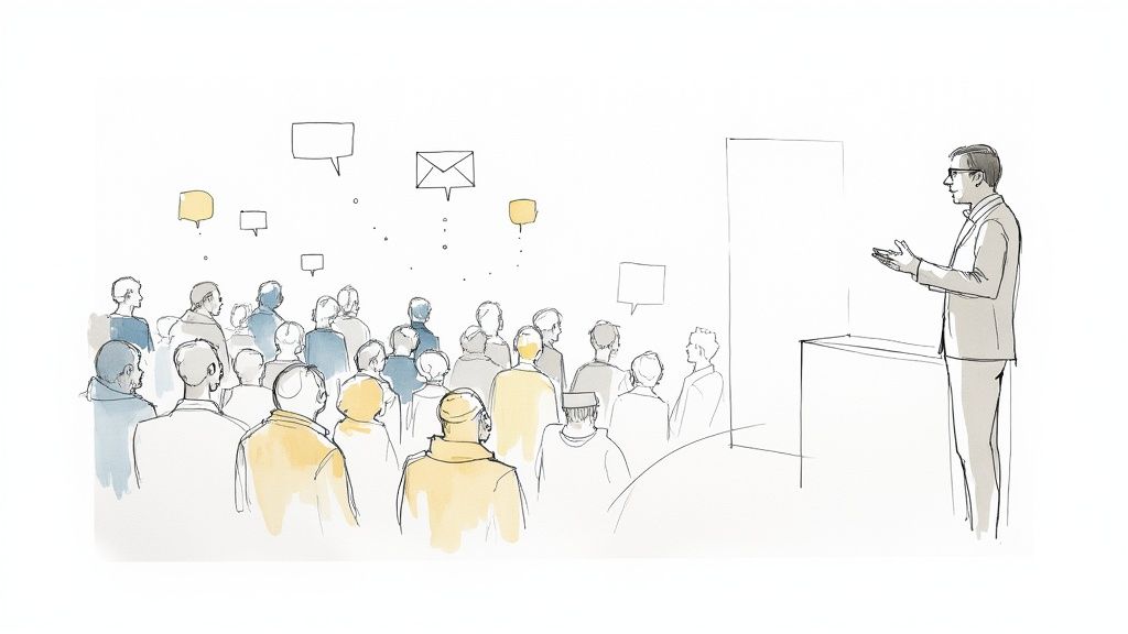 Watercolor sketch of a speaker engaging an audience, with speech bubbles representing questions and feedback.