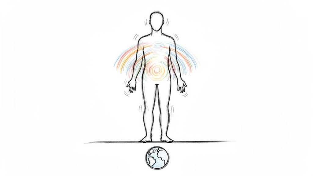 Outline of a human body with colorful swirling energy, standing above a small Earth globe.
