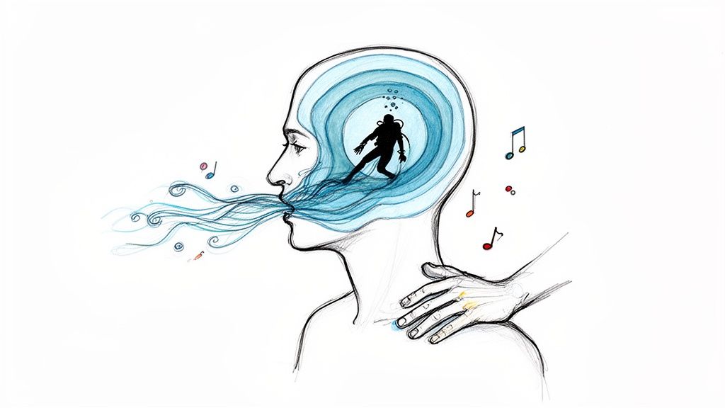 Illustration of a person exhaling blue waves, with a diver in their watery head and a supportive hand.
