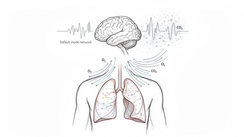 Illustration showing the connection between breathing (O2/CO2 exchange in lungs) and brain activity (default mode network).