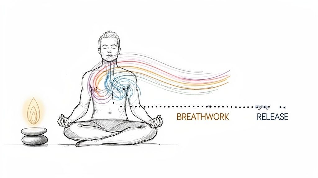 Illustration of a person meditating in lotus pose, depicting energy flow, breathwork, and release concepts.