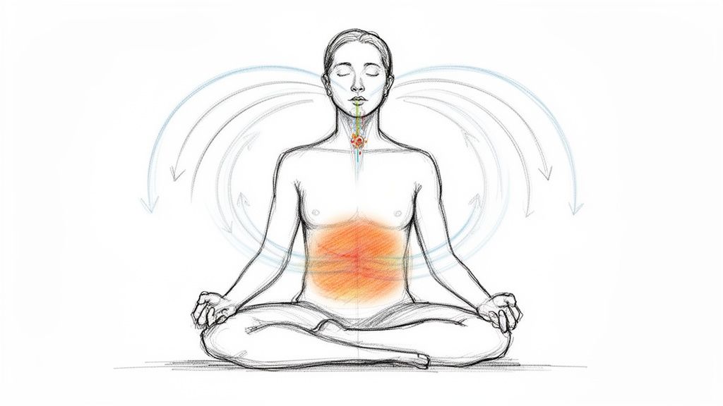 A minimalist sketch of a person meditating in lotus pose, showing internal and external energy flows.