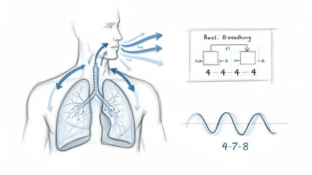 Illustrates the human respiratory system and diagrams explaining 4-7-8 and box breathing techniques.