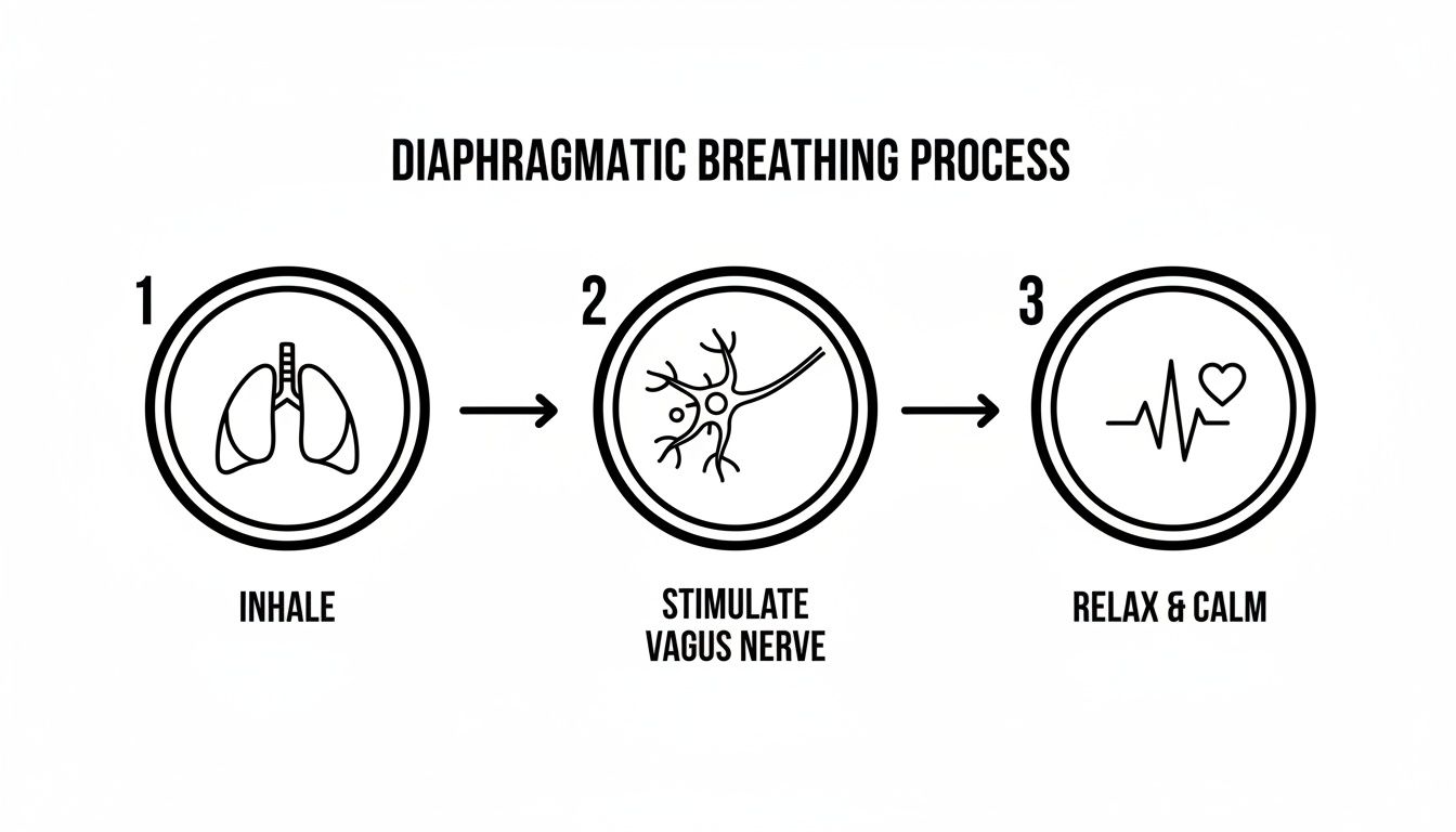 Diagram illustrating the three-step diaphragmatic breathing process: inhale, stimulate vagus nerve, relax and calm.
