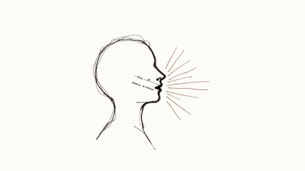Minimalist sketch of a person speaking, with lines representing sound emanating from their mouth.