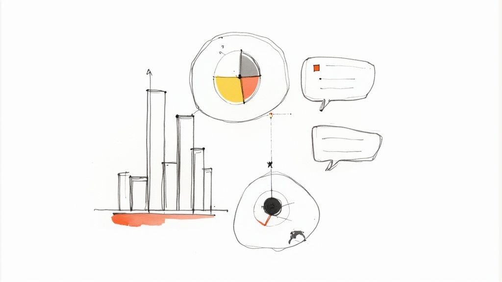 Hand-drawn data visualization showing bar charts, pie chart, speech bubbles, and a target goal.