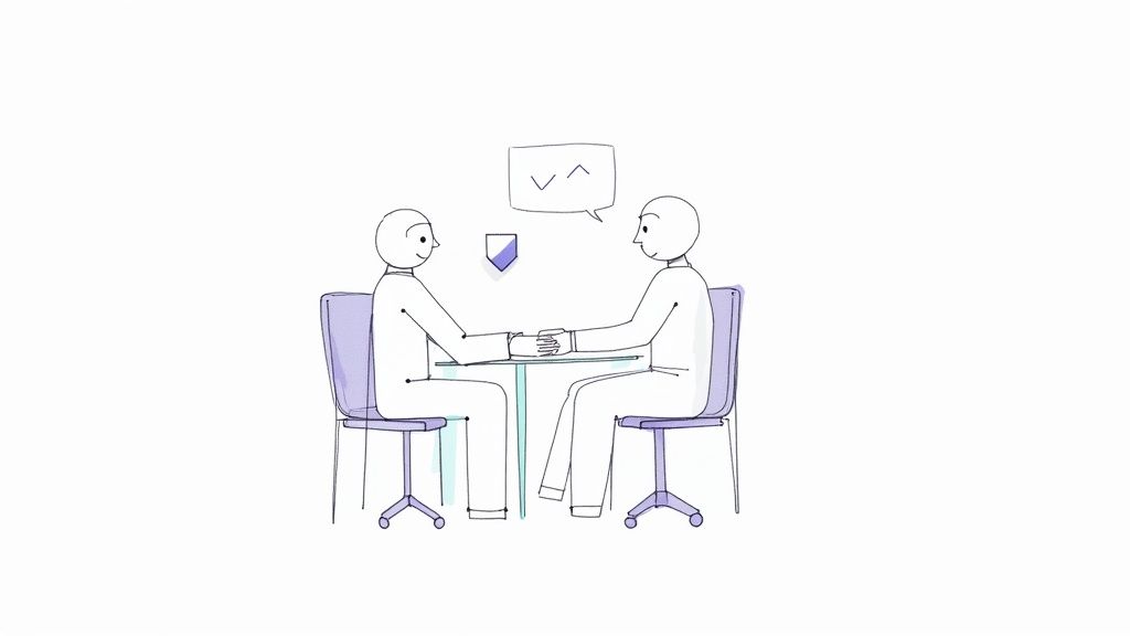 Two stylized people sitting at a table, shaking hands, with a speech bubble indicating discussion.
