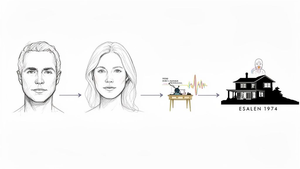 A diagram depicting transformation from male to female faces, leading to a waveform generator and the 'ESALEN 1974' house.