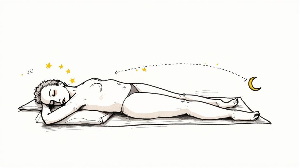 An illustration of a person sleeping peacefully on their back, surrounded by stars and a crescent moon.