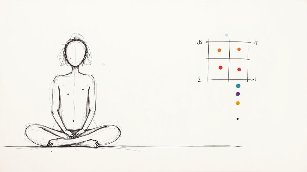 A person sitting calmly at their desk, practicing a breathing exercise.