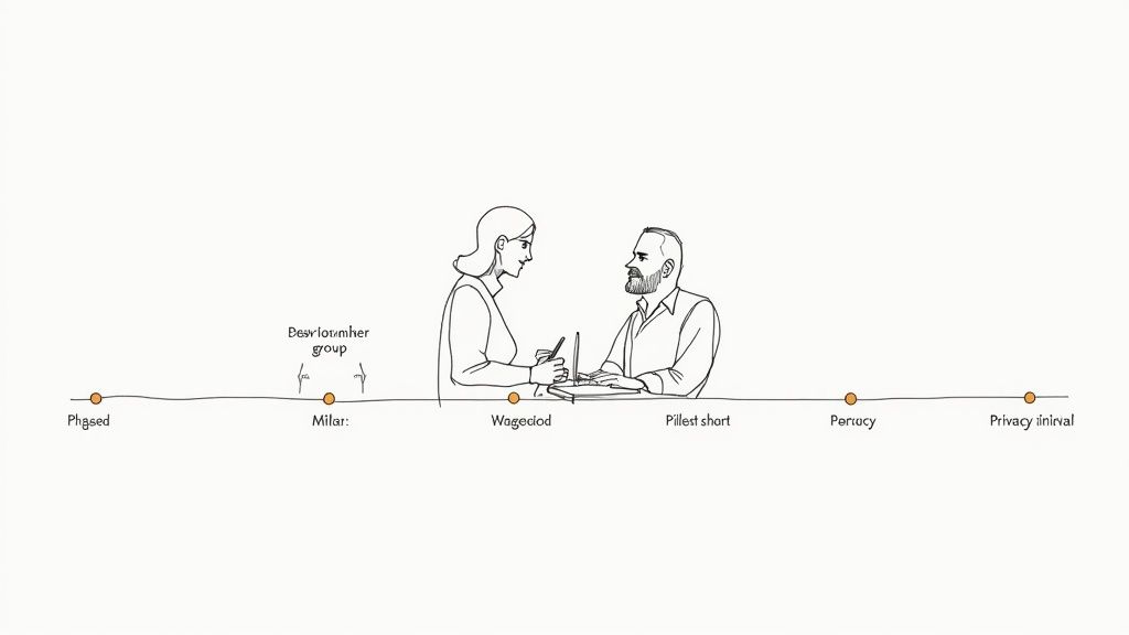 Illustration of two colleagues collaborating at a laptop, with a timeline below them.