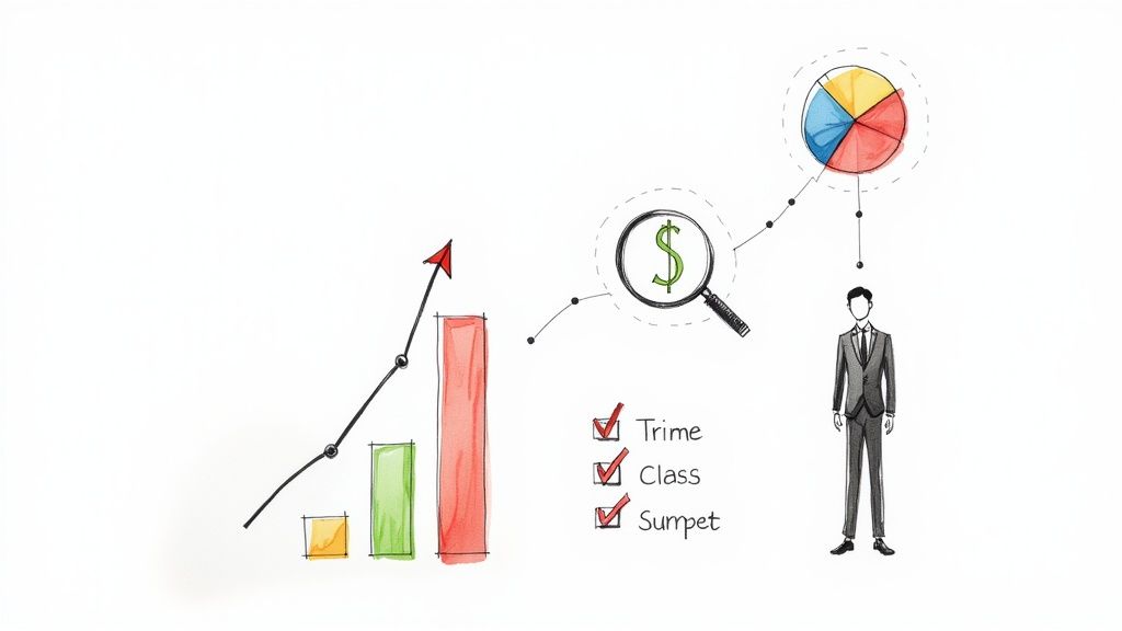 A person presenting a chart with upward trends to a group of executives in a modern office.