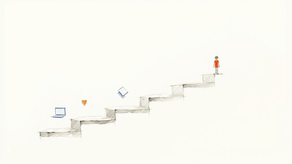 A person stands at the top of a staircase, with symbols like a laptop, heart, and book on steps below.