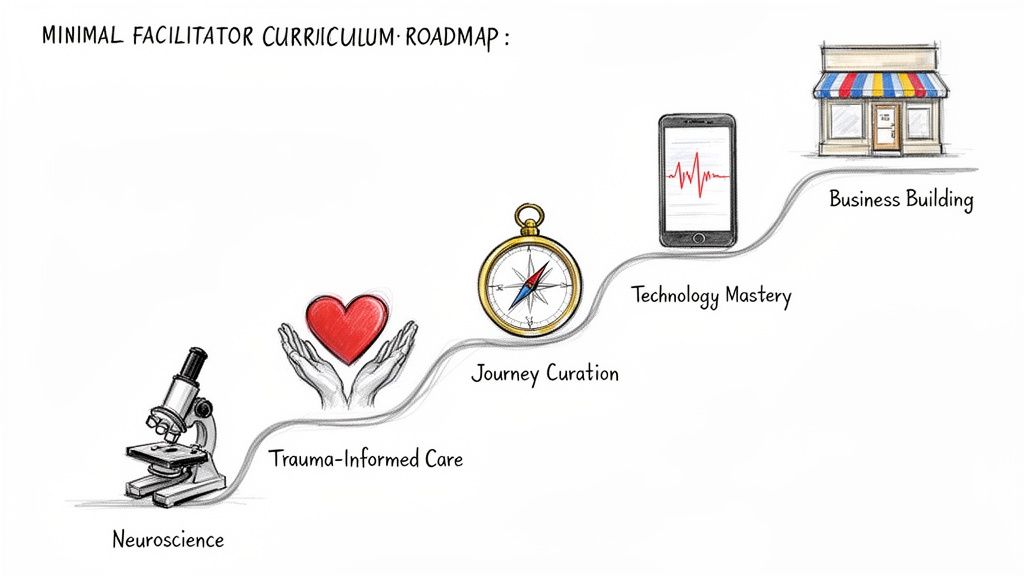 A curriculum roadmap illustrating five stages for a minimal facilitator: Neuroscience to Business Building.