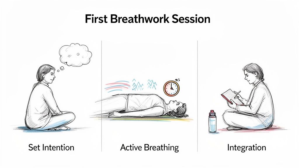 An illustration showing the three stages of a breathwork session: setting intention, active breathing, and integration.