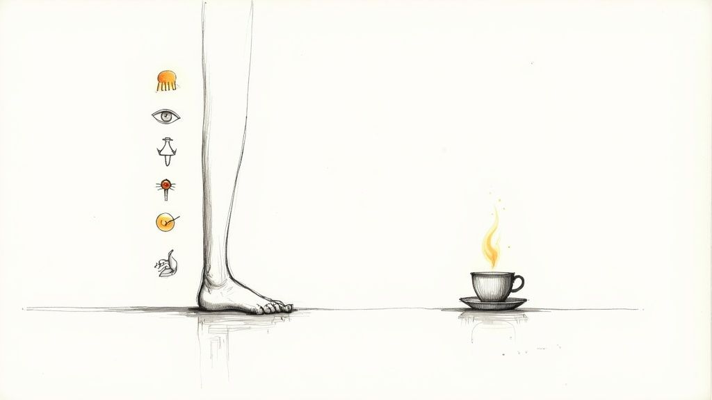 Minimalist illustration showing bare feet standing near steaming coffee cup with mental health symbols