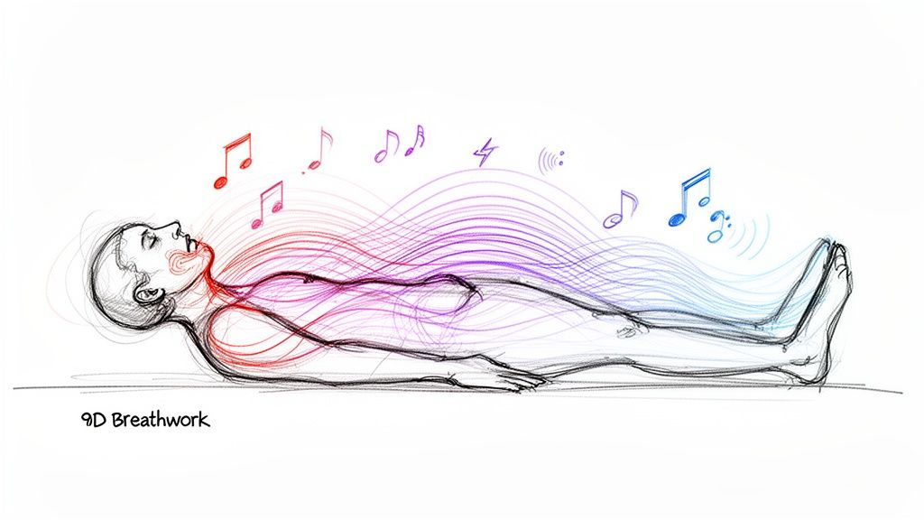 Sketch of person lying down with colorful sound waves and musical notes, illustrating breathwork.