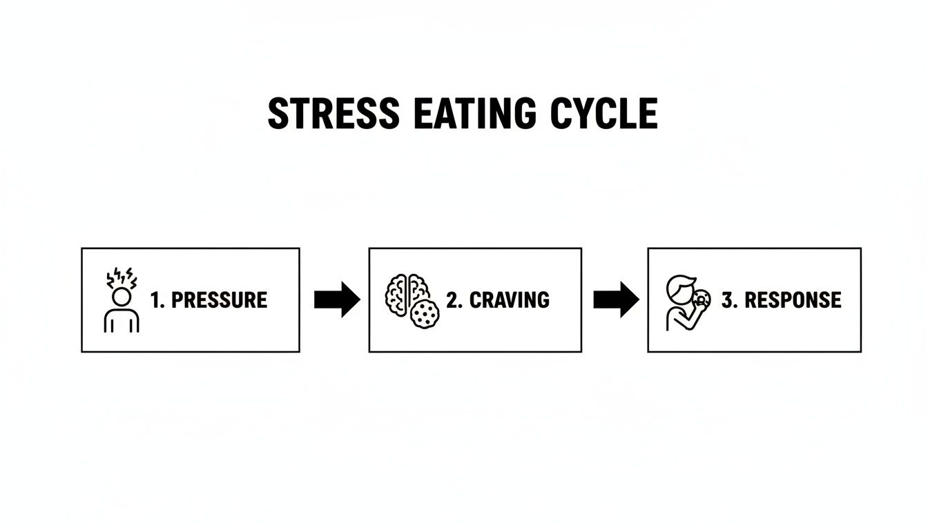 A flowchart illustrates the stress eating cycle with three steps: pressure, craving, and response.