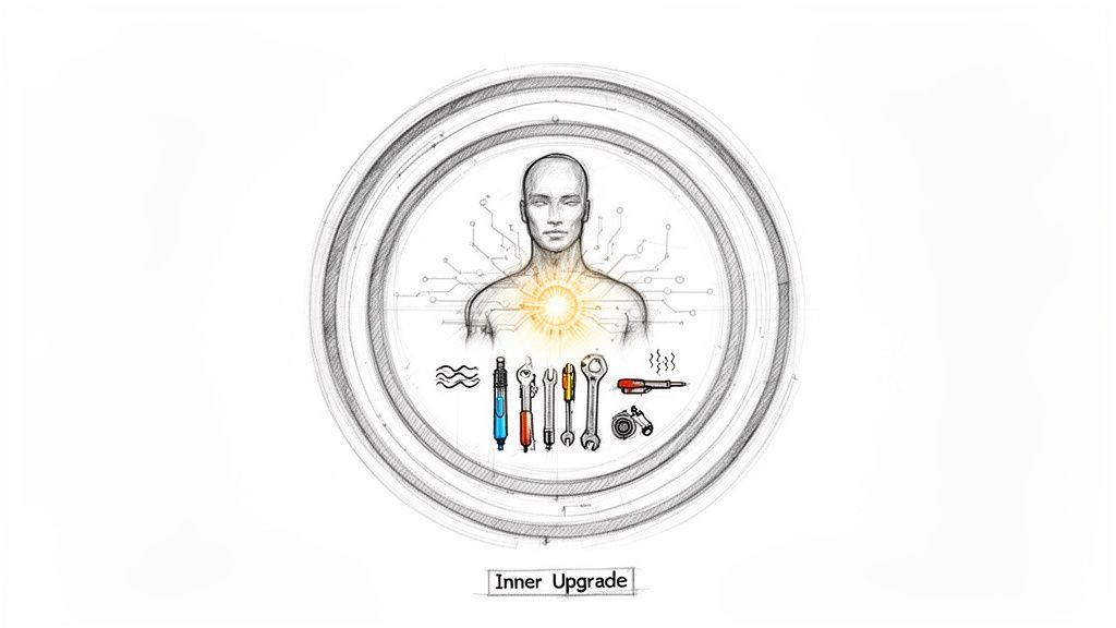 A schematic drawing of a human torso with a glowing chest and circuit lines, surrounded by tools, symbolizing 'Inner Upgrade'.