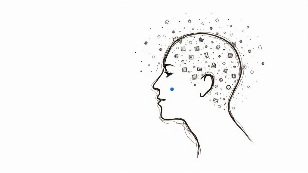 Illustration of a human head profile with diverse icons and dots, depicting a mind full of thoughts.