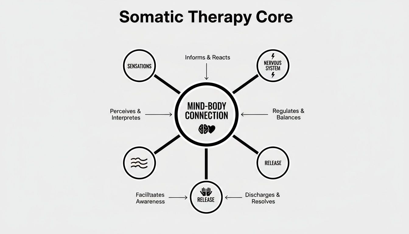 Diagram of Somatic Therapy Core, highlighting Mind-Body Connection, Sensations, Nervous System, and Release processes.